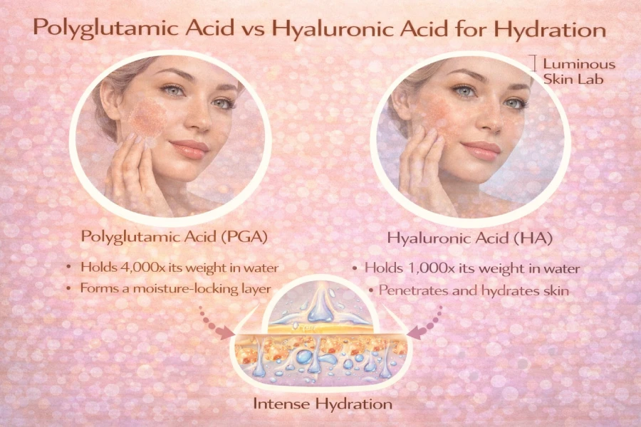 Polyglutamic acid vs hyaluronic acid for hydration showing layering, moisture retention, and barrier support