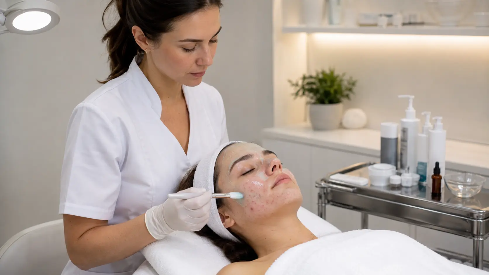 Esthetician applying a calming recovery mask to a client with acne-prone skin in a clinical treatment room