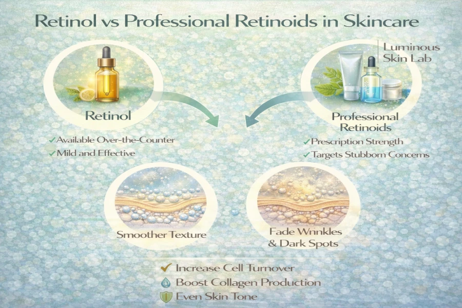 Professional esthetician reviewing retinoid product formulations in a clinical treatment room, comparing professional-grade retinoid concentrations for client protocol selection.
