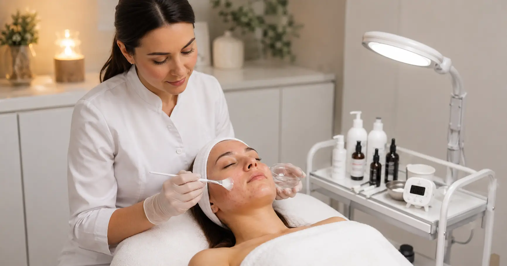 Esthetician applying a professional salicylic acid treatment to a client with acne-prone skin in a clean, well-lit clinical treatment room.