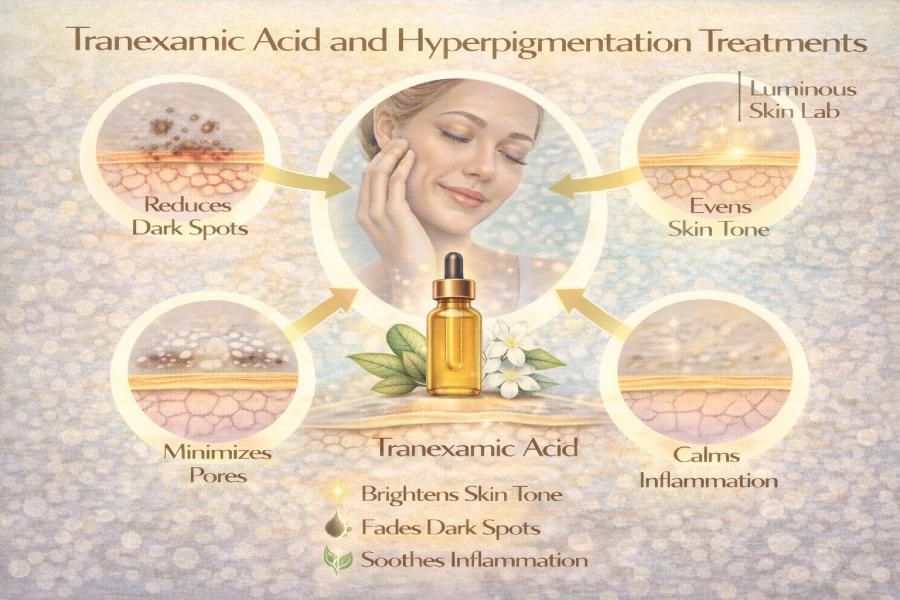 Esthetician applying a brightening serum to a client with hyperpigmentation during a professional facial treatment