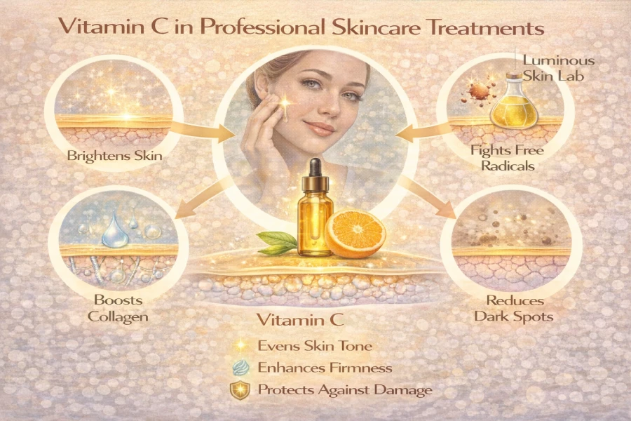 Esthetician applying a vitamin C serum during a professional brightening facial treatment in a clinical treatment room setting