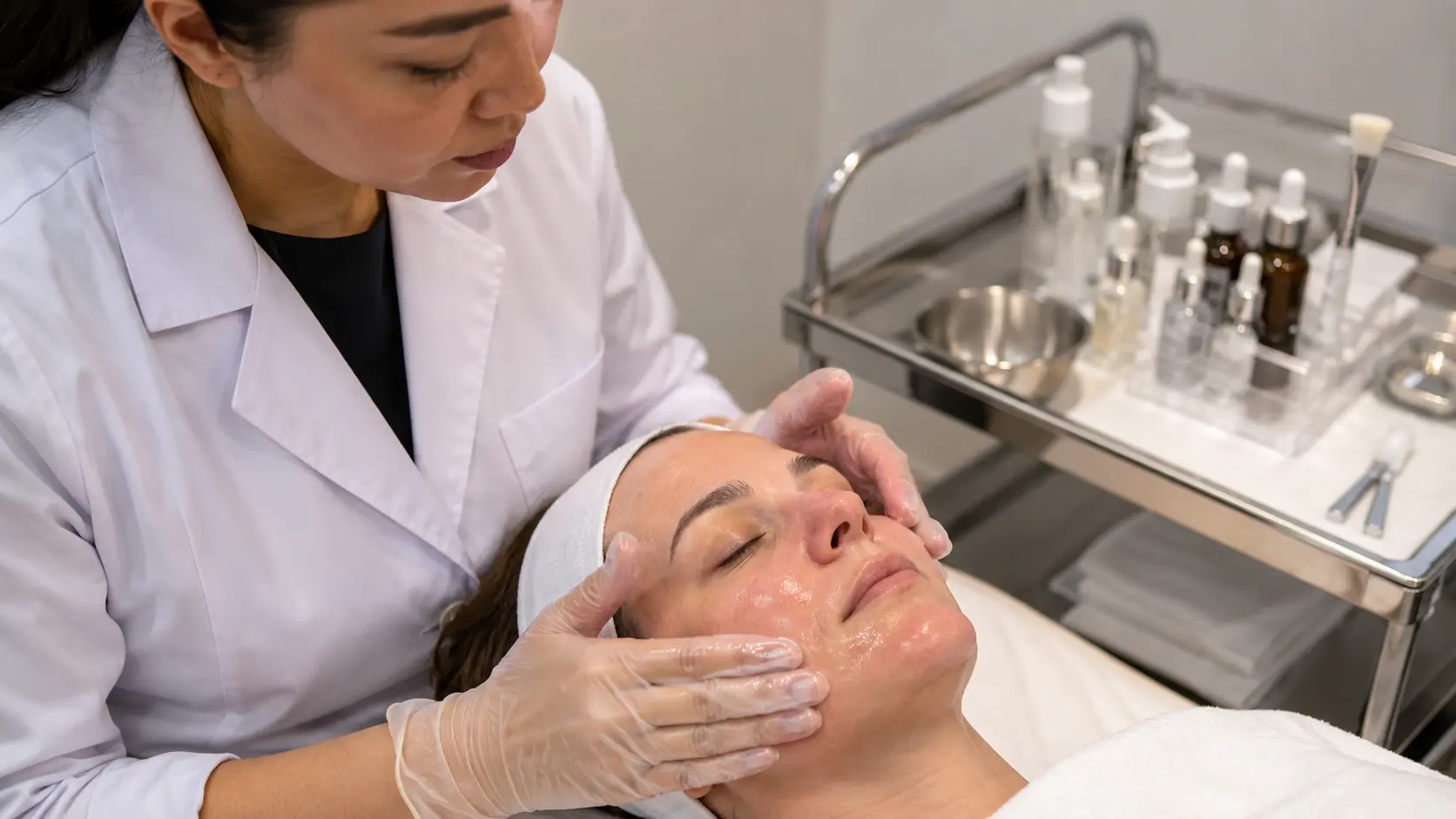Esthetician applying a hydrating serum to a client&rsquo;s face immediately after a professional facial treatment in a clinical treatment room