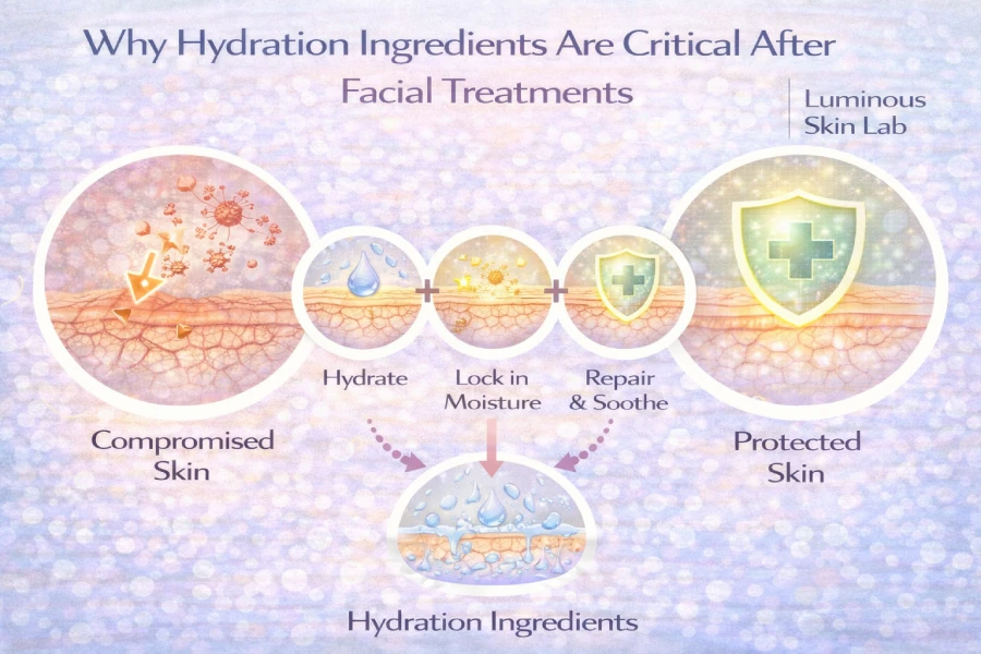 Hydration ingredients after facial treatments supporting barrier recovery, water retention, and post-treatment skin healing