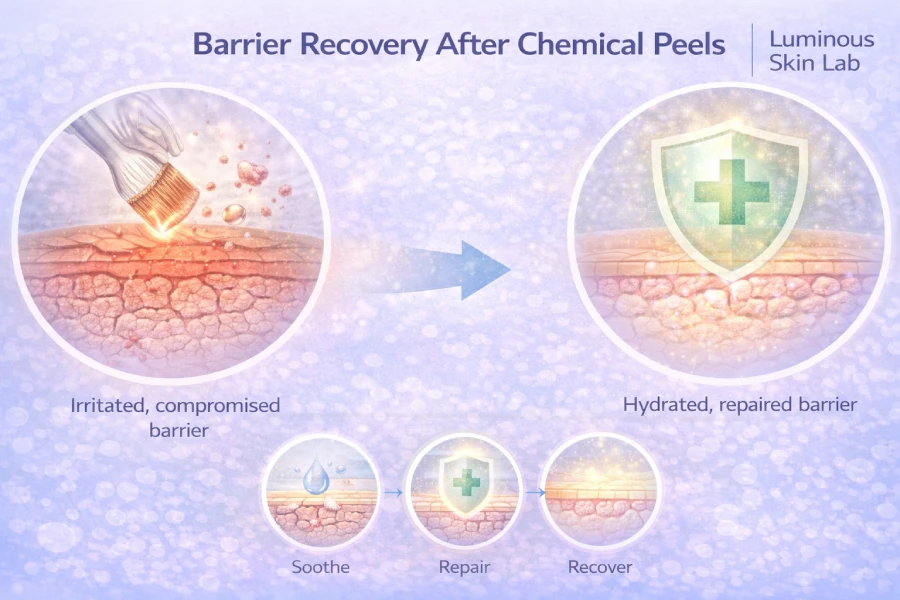 Barrier recovery after chemical peels with hydration support, calming skincare, and post-treatment skin protection