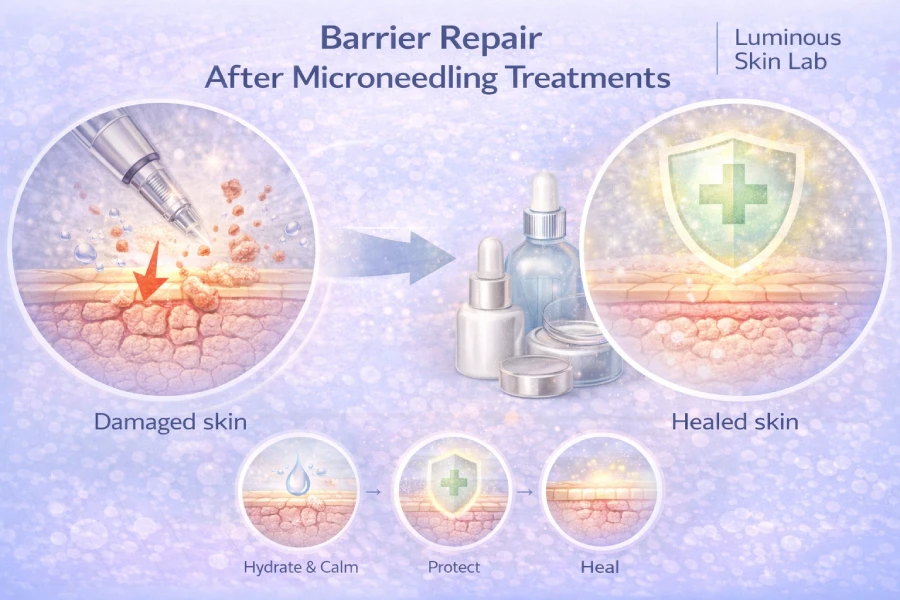 Barrier repair after microneedling treatments with hydration support, calming recovery care, and skin barrier protection