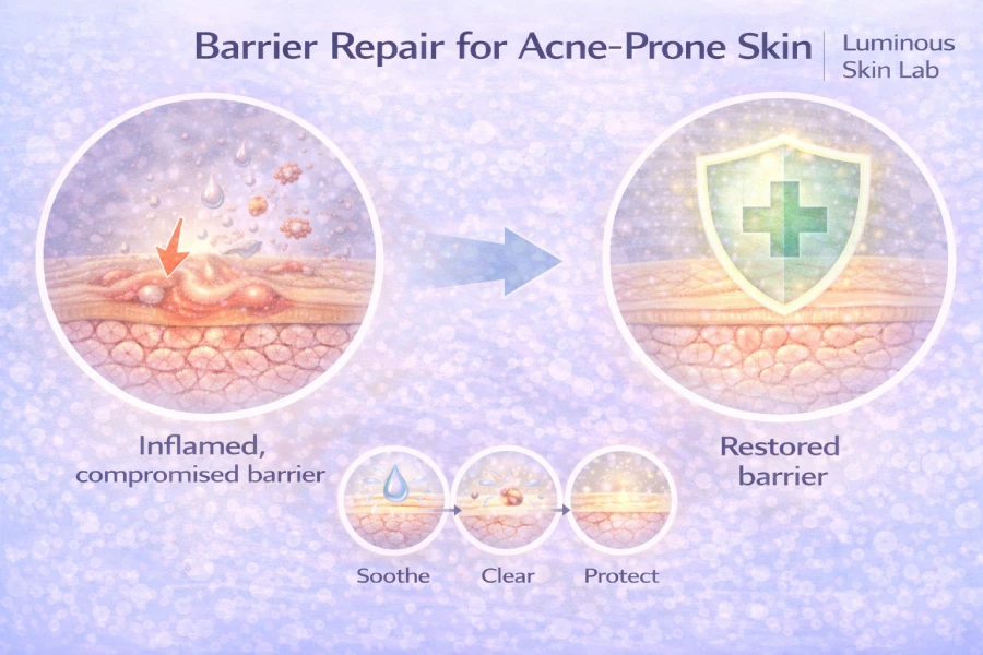Barrier repair for acne-prone skin with hydration support, inflammation control, and balanced recovery care