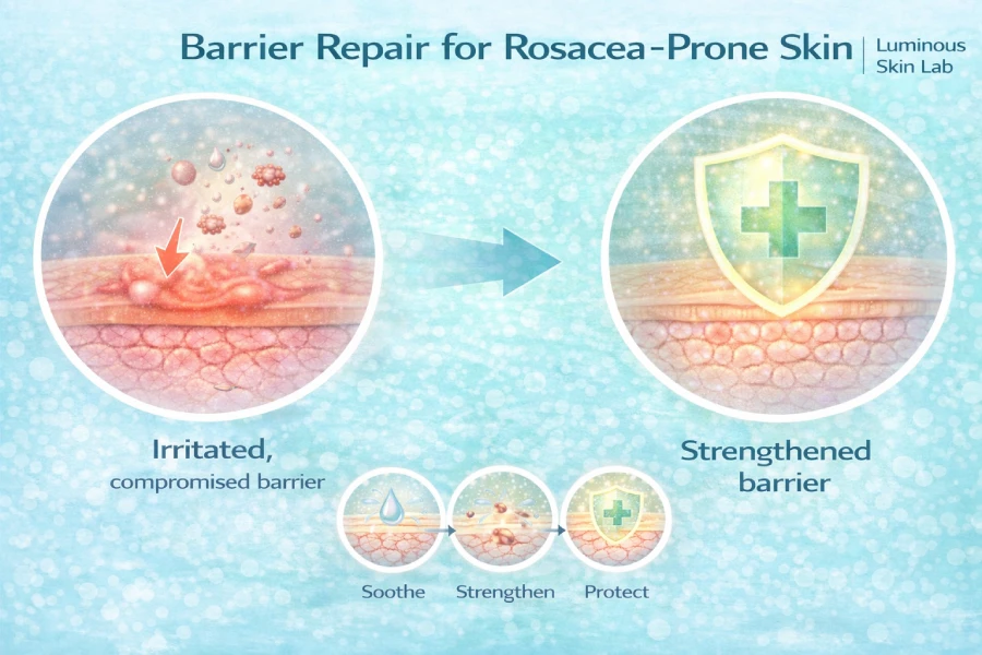 Barrier repair for rosacea-prone skin with calming support, redness control, and hydration-focused recovery care