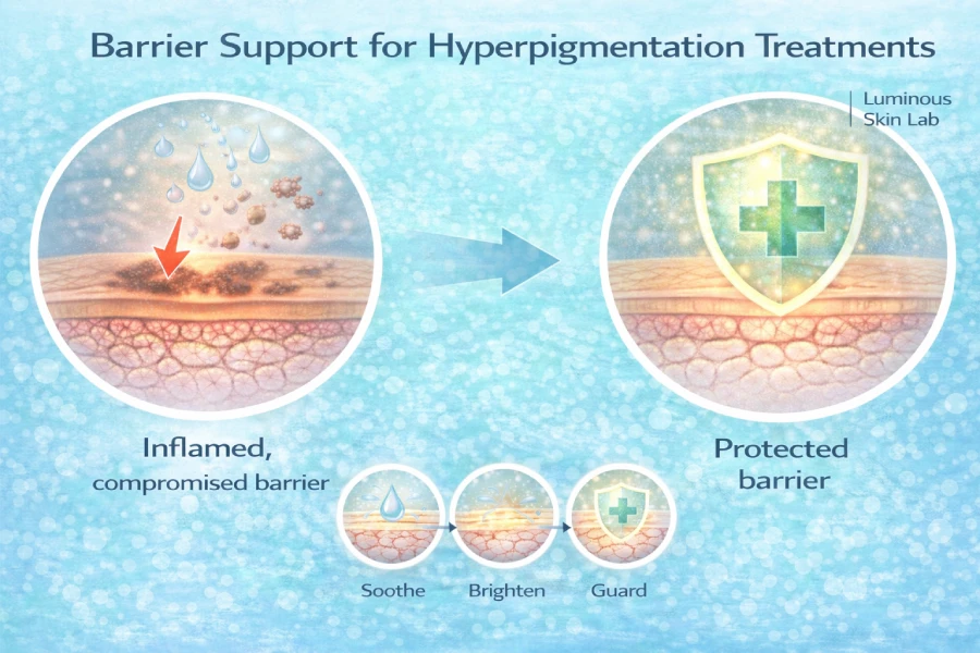 Barrier support for hyperpigmentation treatments with hydration, inflammation management, and recovery-focused skincare care