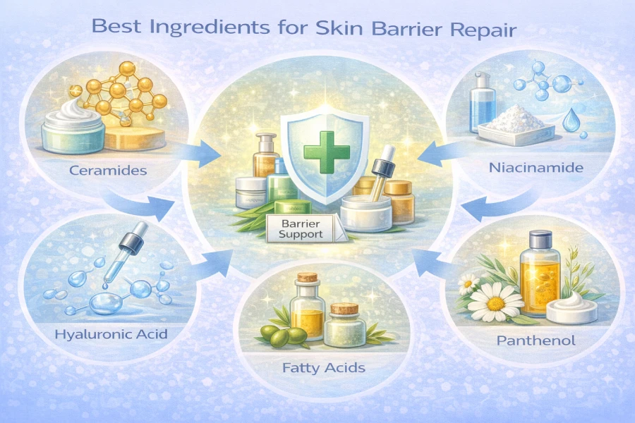 Best ingredients for skin barrier repair in professional skincare showing ceramides, fatty acids, cholesterol, hydration support, and recovery-focused treatment ingredients