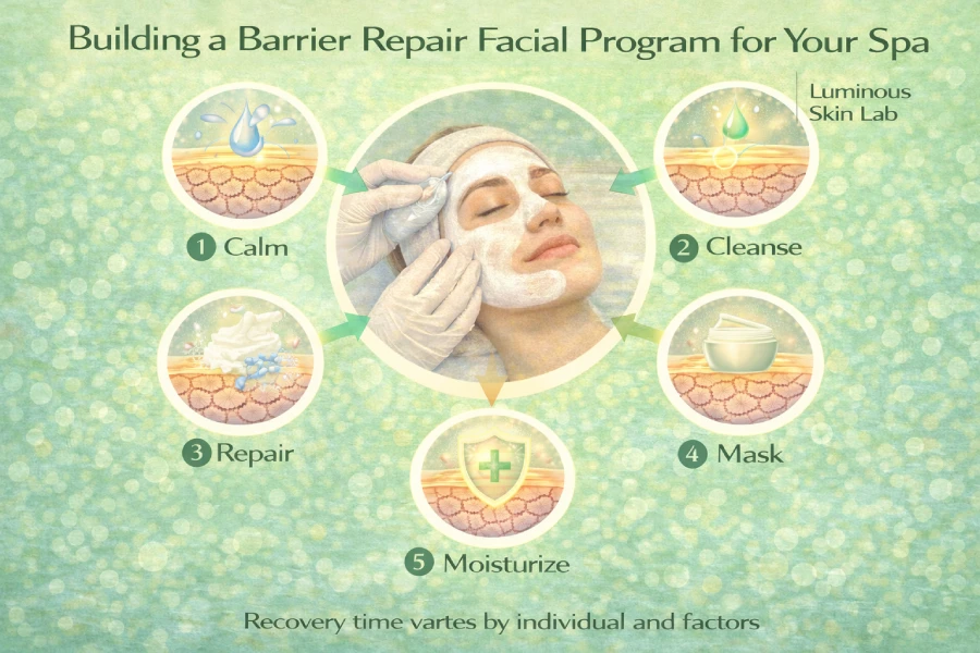 Building a barrier repair facial program for a spa with hydration protocols, recovery facials, and supportive treatment planning