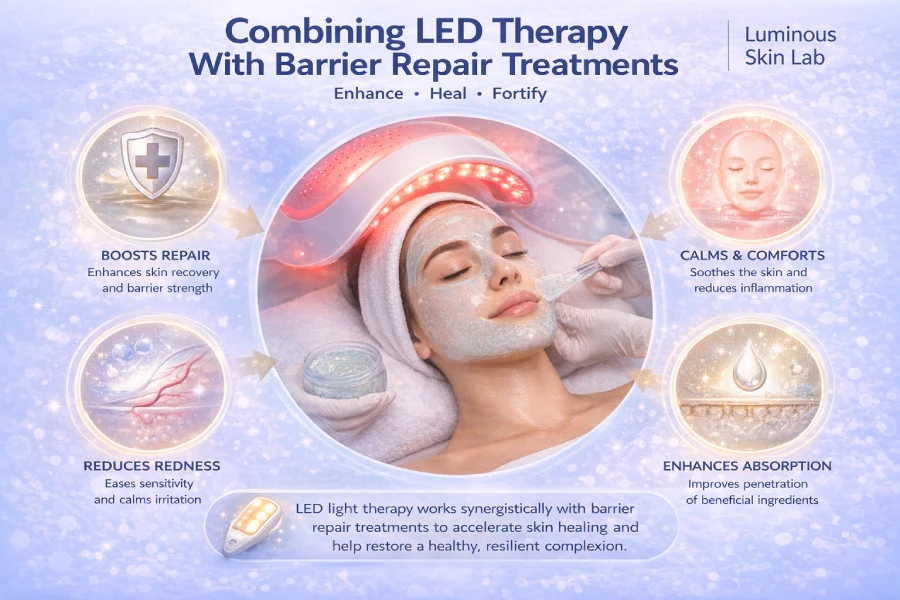 Combining LED therapy with barrier repair treatments showing inflammation reduction, healing support, hydration recovery, and treatment sequencing in professional skincare