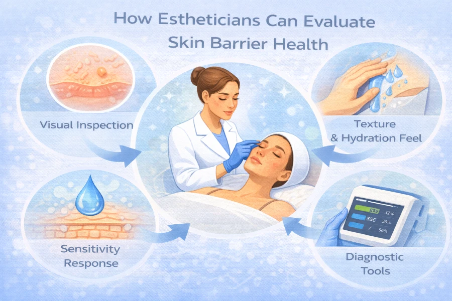 Esthetician evaluating skin barrier health through visual assessment, hydration levels, barrier function, and treatment recovery signs