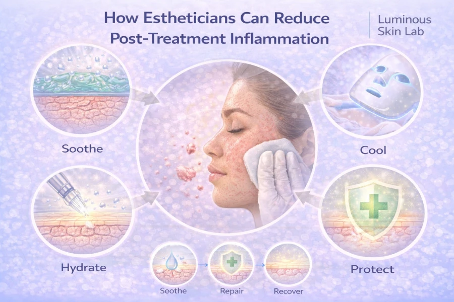Reducing post-treatment inflammation with cooling skincare, hydration, and calming recovery treatments