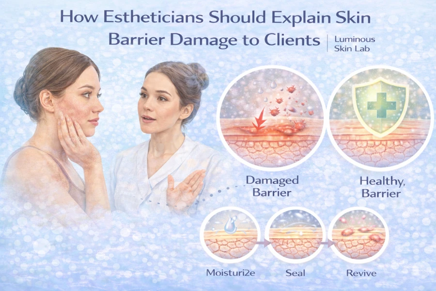 Esthetician explaining skin barrier damage to a client using consultation, education, and recovery-focused treatment planning