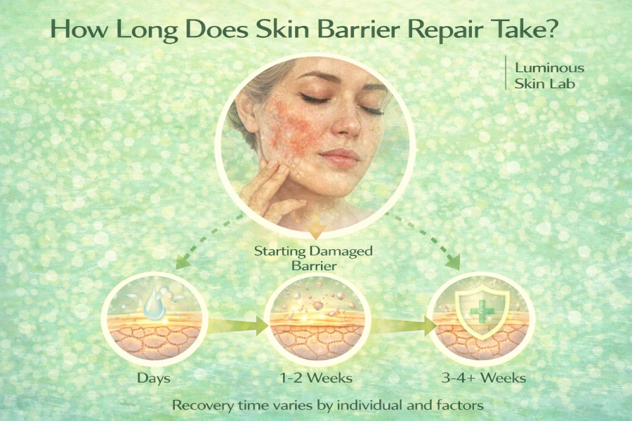 Skin barrier repair timeline with hydration support, recovery expectations, and professional barrier healing care