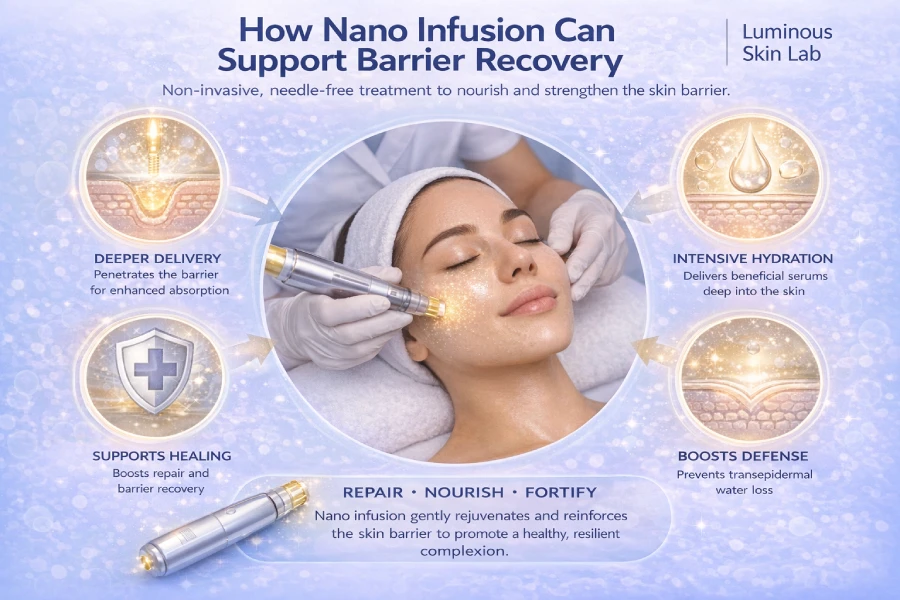 How nano infusion can support barrier recovery through superficial infusion, ingredient delivery, hydration support, and post-treatment recovery in professional skincare