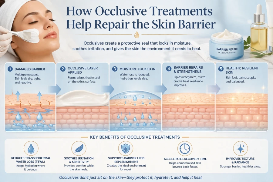 Occlusive treatments helping repair the skin barrier through moisture retention, hydration support, and recovery masks in professional skincare