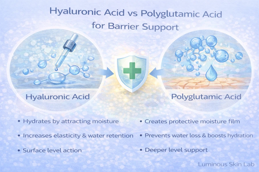 Hyaluronic acid vs polyglutamic acid for barrier support showing hydration science, molecular water retention, and ingredient synergy in professional skincare