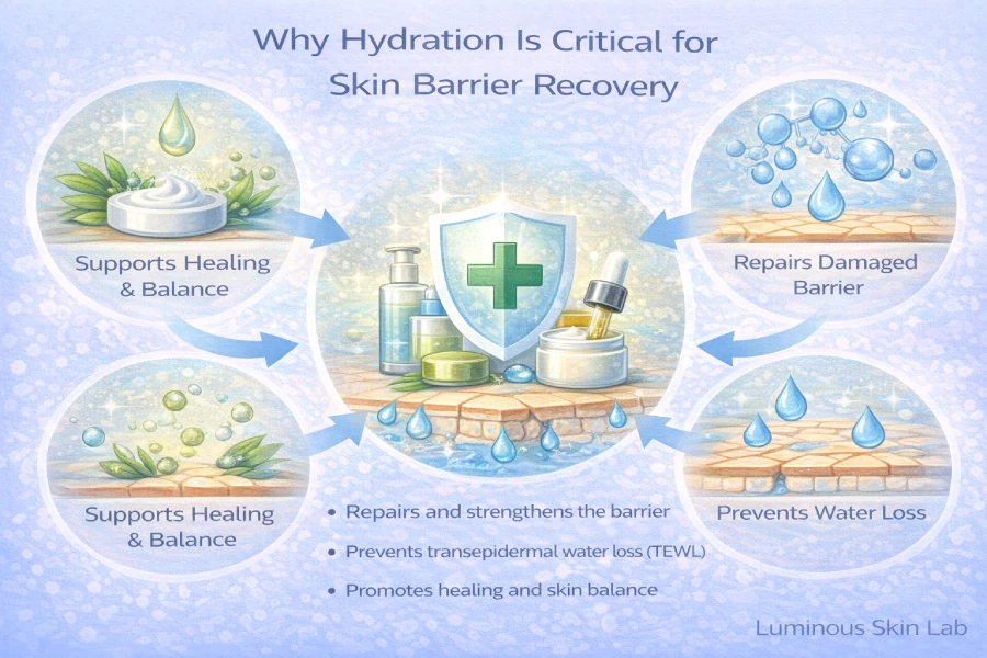 Hydration for skin barrier recovery showing TEWL reduction, water retention, and hydration restoration in professional skincare