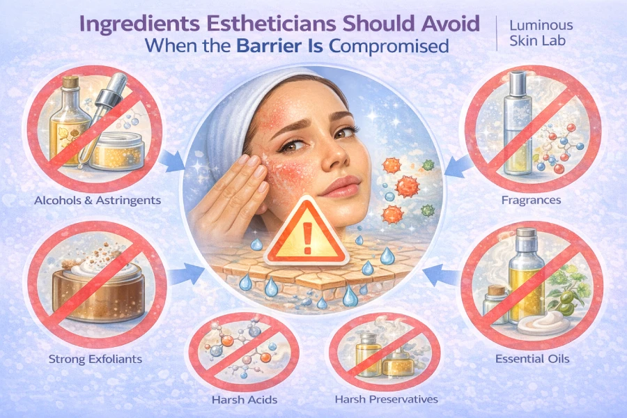Ingredients to avoid when the skin barrier is compromised, showing strong acids, retinoids, over-exfoliation, and recovery-focused skincare alternatives