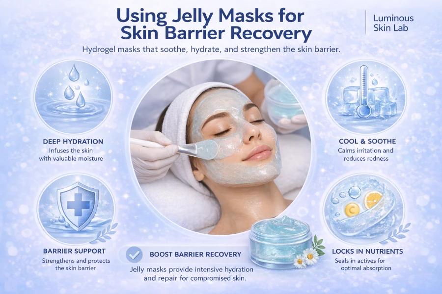 Jelly masks for skin barrier recovery showing occlusion, hydration delivery, and calming treatment in professional skincare