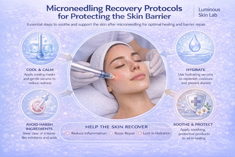 Microneedling recovery protocols for protecting the skin barrier showing healing stages, hydration protocols, recovery masks, and post-treatment barrier support in professional skincare