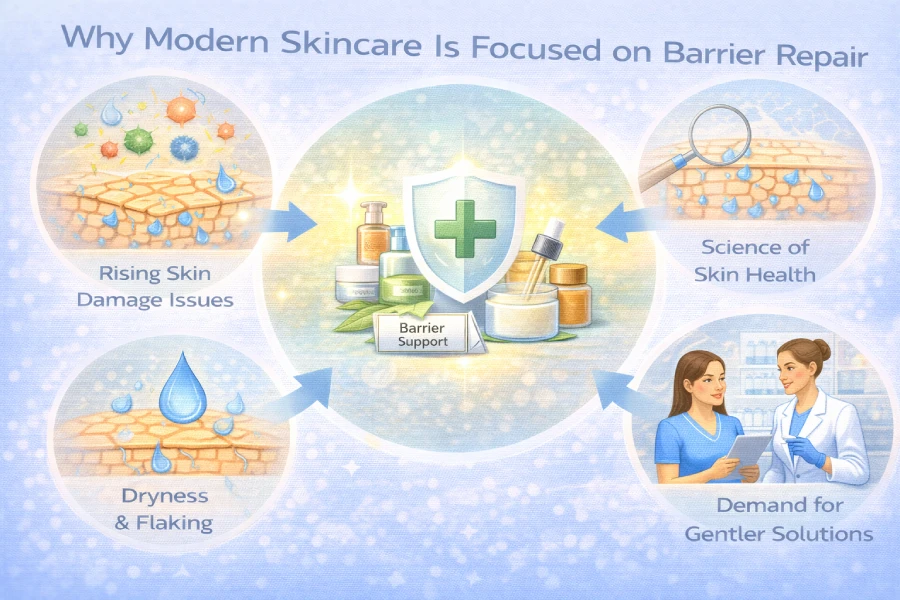 Modern skincare focused on barrier repair showing inflammation science, hydration support, skin recovery, and long-term skin health