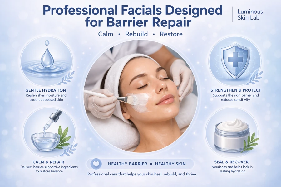 Professional facials designed for barrier repair showing hydration layering, calming protocols, skin recovery, and post-treatment support in professional skincare