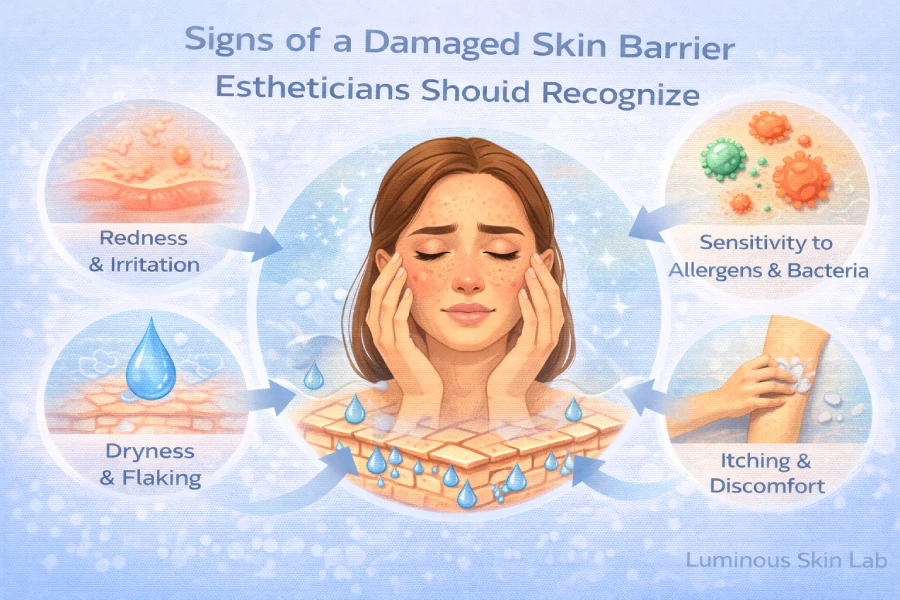 Signs of a damaged skin barrier in professional skincare showing redness, dehydration, sensitivity, irritation, and slower treatment recovery