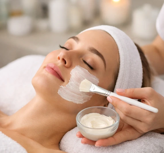 Skin barrier repair facial treatment showing esthetician applying soothing hydration mask for post-treatment recovery