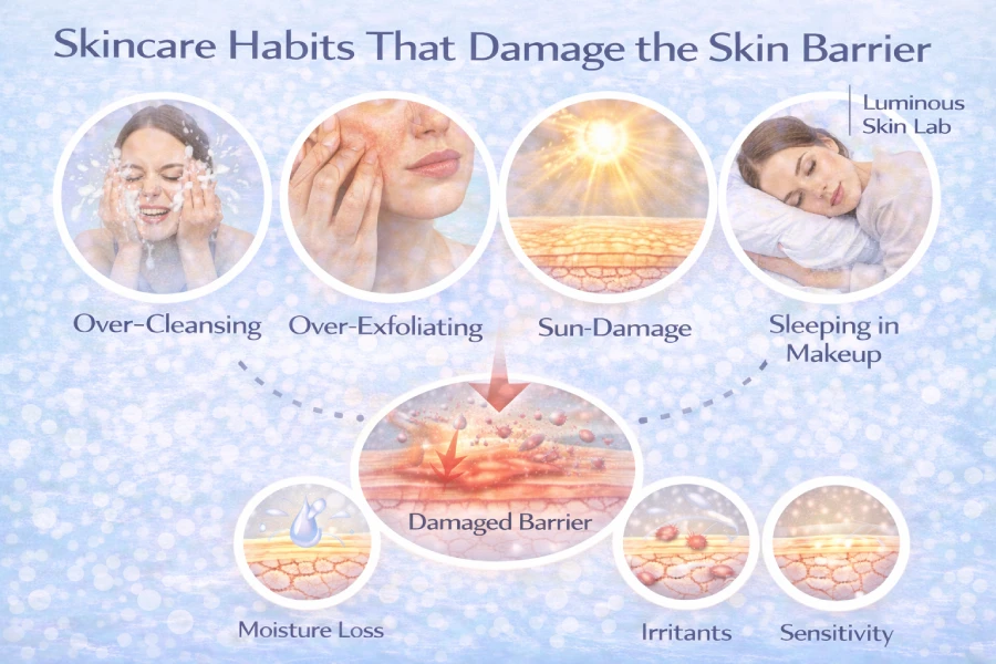 Skincare habits that damage the skin barrier including over-exfoliation, harsh ingredients, and environmental stress