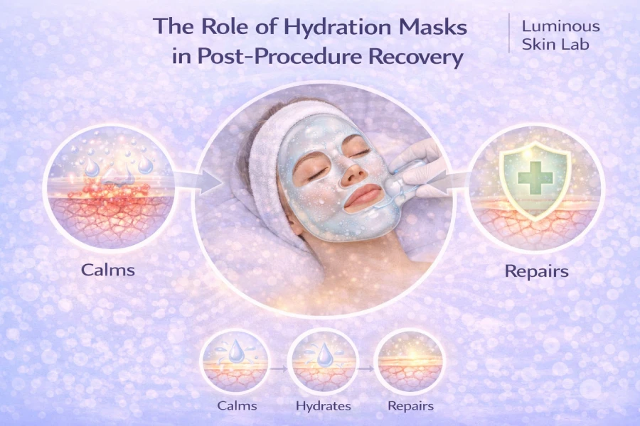 Hydration masks supporting post-procedure recovery through moisture retention, calming care, and skin barrier support