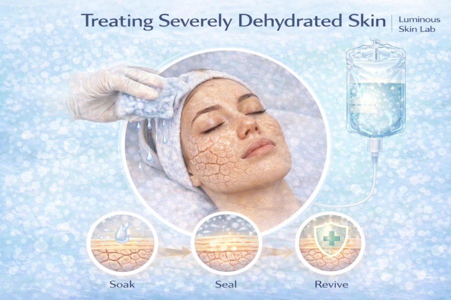 Treating severely dehydrated skin with hydration support, TEWL reduction, and barrier repair-focused recovery care