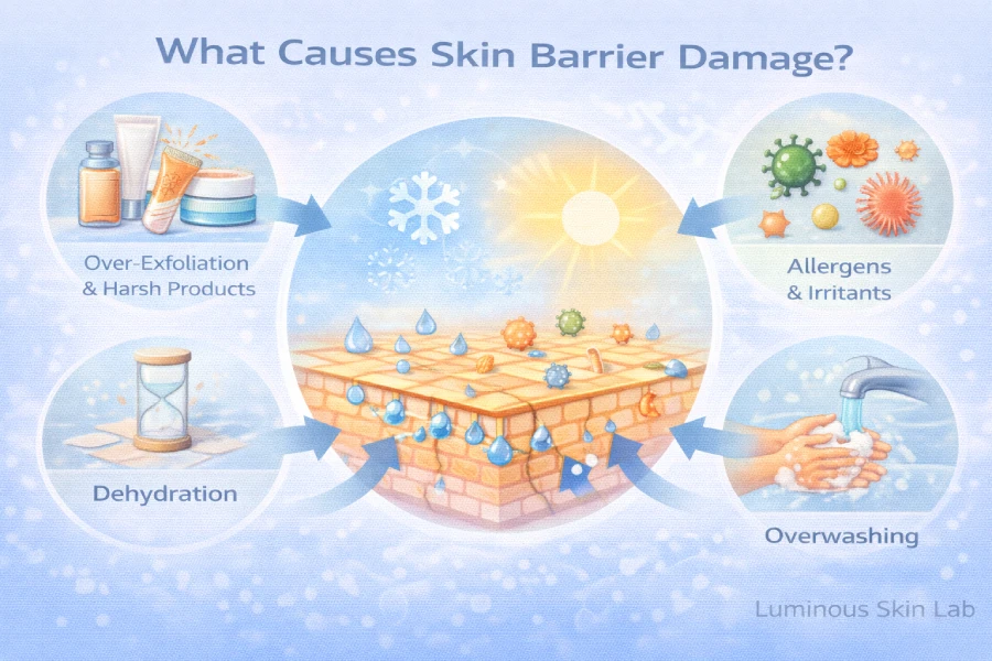 Skin barrier damage in professional skincare showing over-exfoliation, environmental stress, inflammation, dehydration, and barrier recovery support