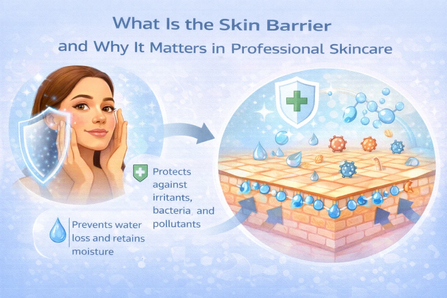 Skin barrier structure in professional skincare showing stratum corneum, lipid barrier support, hydration balance, and barrier repair