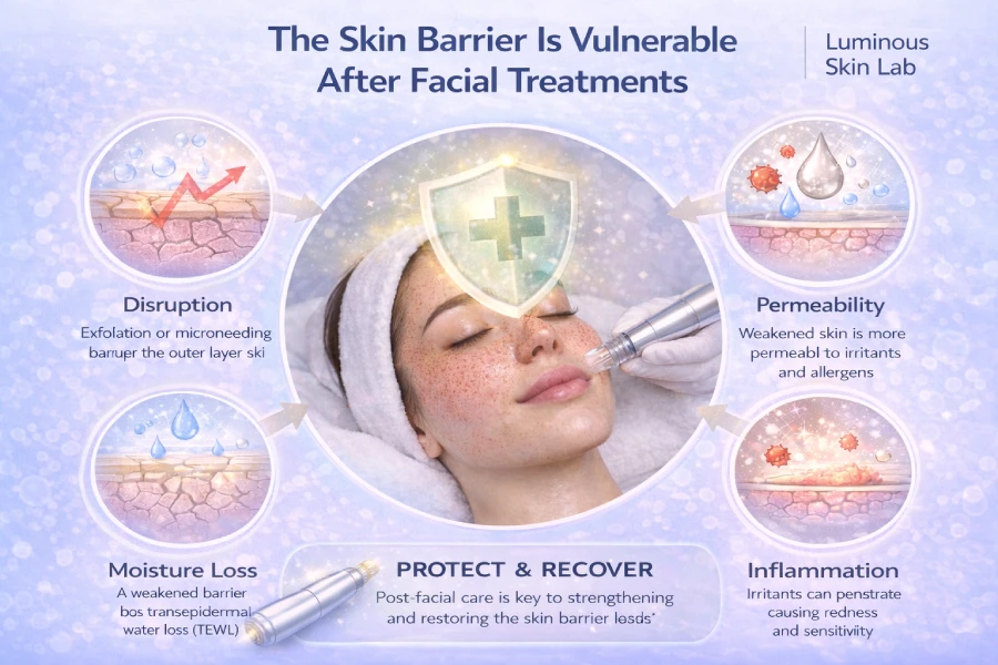 Skin barrier vulnerability after facial treatments showing inflammation, moisture loss, and recovery support