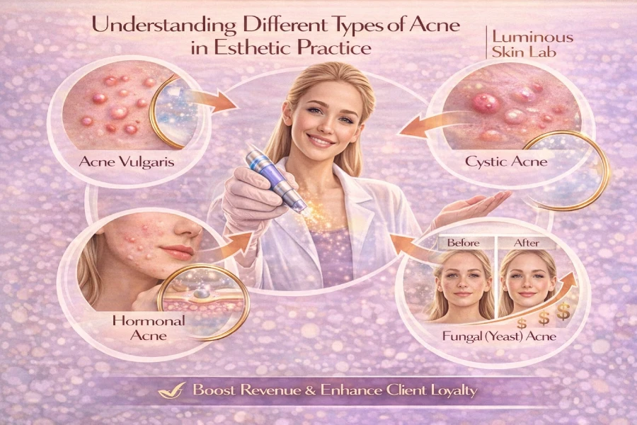 Licensed esthetician performing a detailed skin analysis on an acne-prone client under a magnifying lamp in a clean professional treatment room.