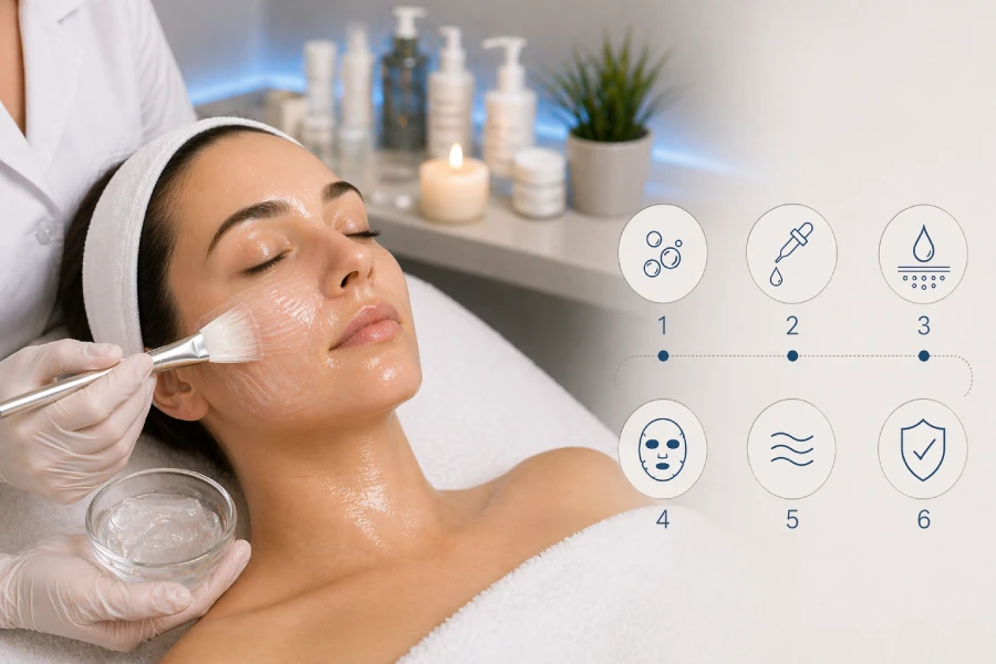 Esthetician applying a hydration jelly mask to a client in a professional treatment room, part of a structured multi-step hydration facial protocol