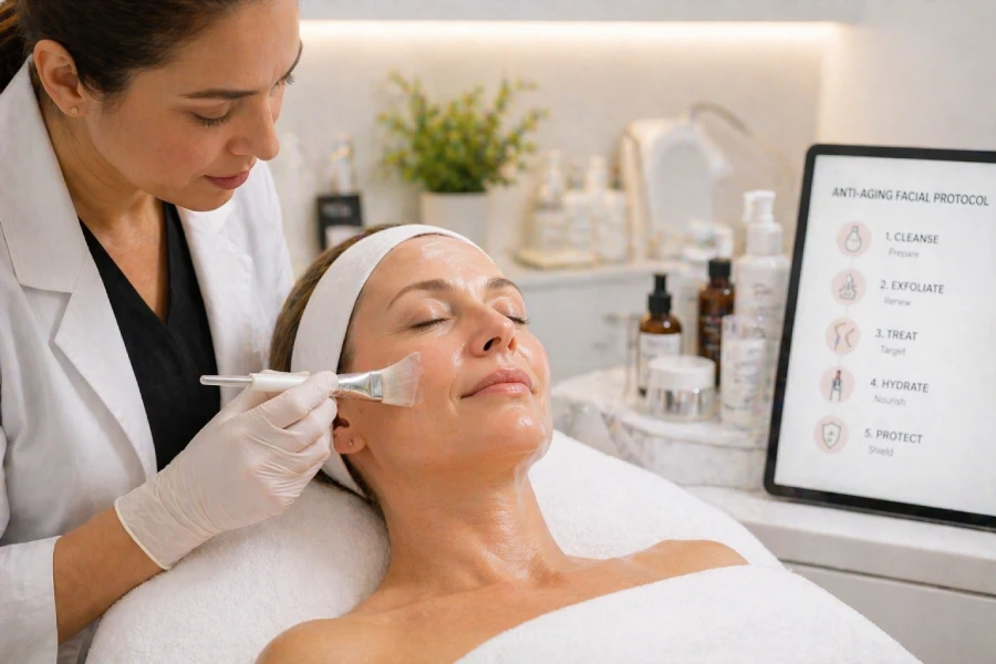 Professional esthetician performing an anti-aging facial treatment, applying serum to a mature client&rsquo;s face in a clinical treatment room setting
