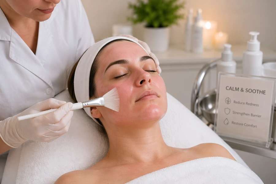 Licensed esthetician applying a cooling calming mask to a client with visibly flushed, reactive skin in a professional treatment room setting