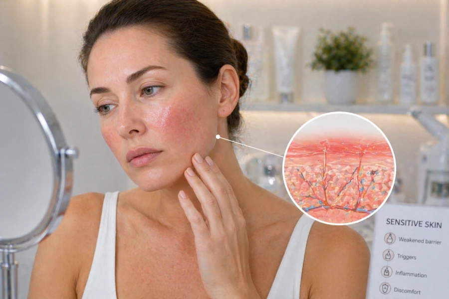 Esthetician performing a careful skin consultation on a client with visibly reactive, red-prone skin in a professional treatment room