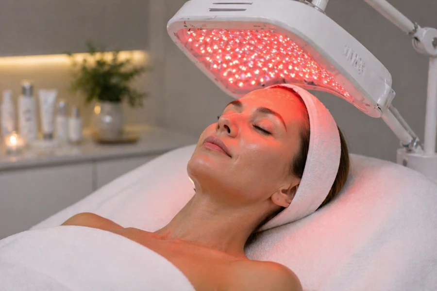 Esthetician positioning a professional LED panel over a client during an anti-aging facial treatment in a clinical spa setting