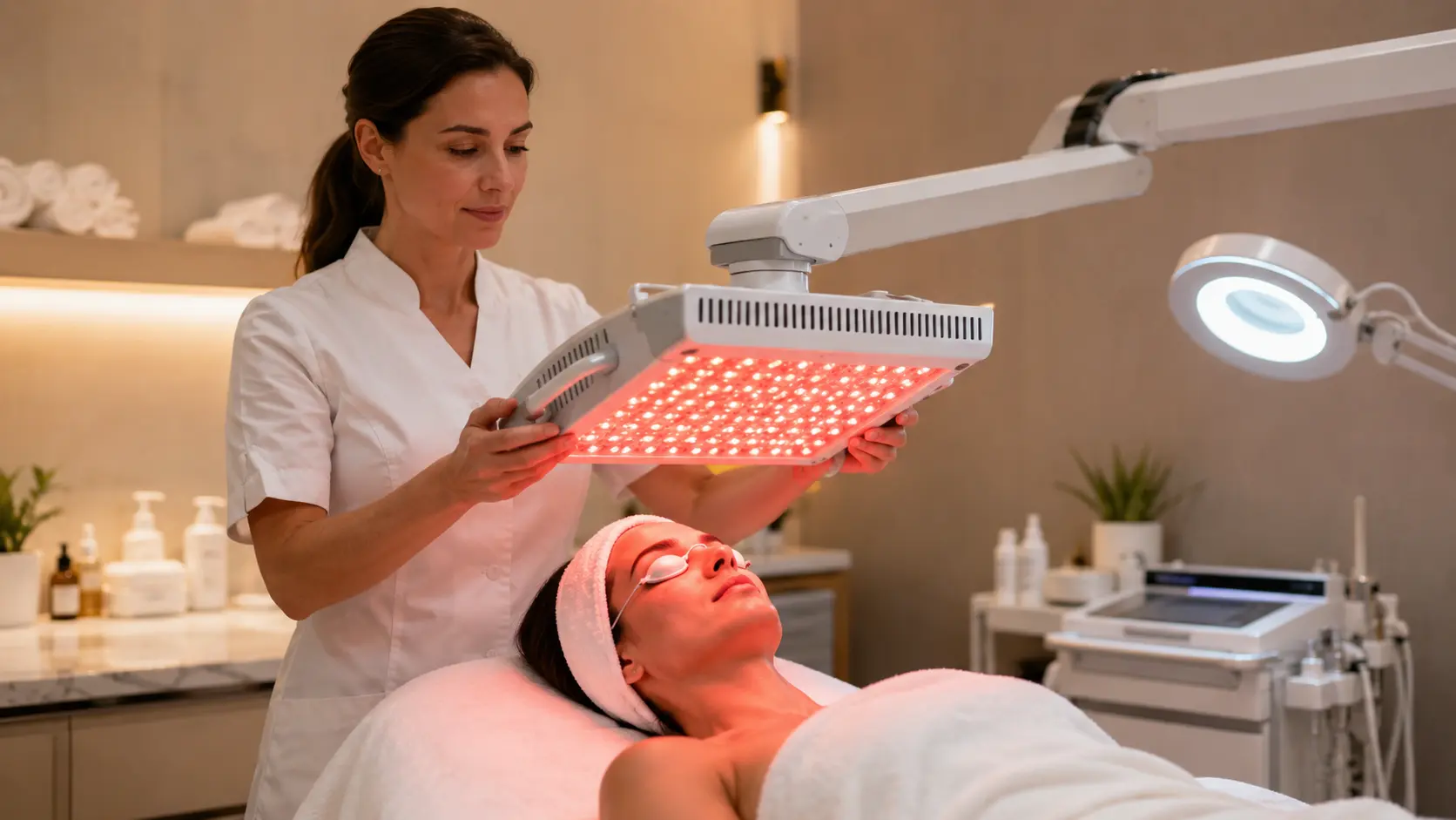 Esthetician positioning a professional LED panel over a client during an acne facial treatment in a clinical spa setting