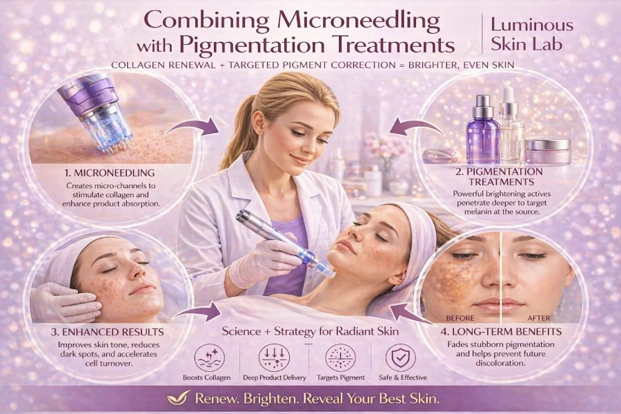 Combining microneedling with pigmentation treatments using collagen induction, product infusion, and recovery-conscious professional skincare support