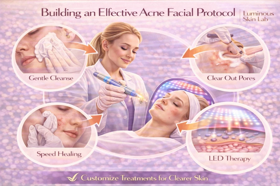 Licensed esthetician reviewing a structured acne facial protocol chart in a professional treatment room.