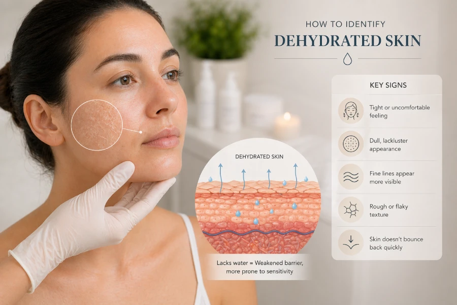 Esthetician performing a skin assessment on a client under a magnification lamp in a professional treatment room