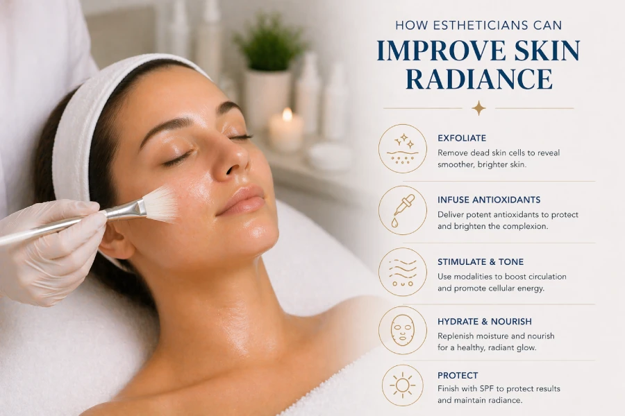 Esthetician applying a brightening treatment mask to a client in a professional treatment room