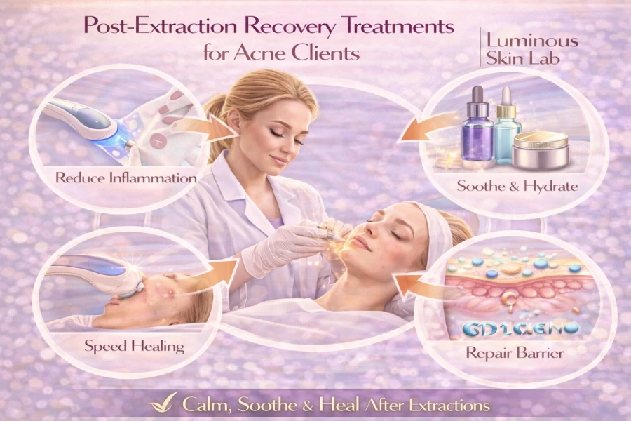 Esthetician applying a cooling jelly mask to an acne client's face in a professional treatment room immediately following extractions