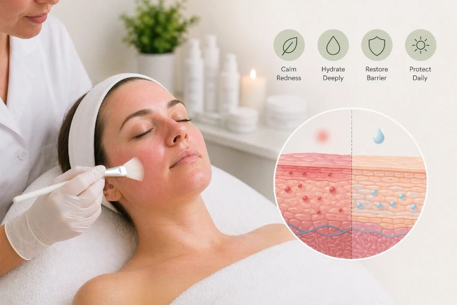 Esthetician applying a cooling hydration mask to a client with visibly flushed sensitive skin in a professional treatment room